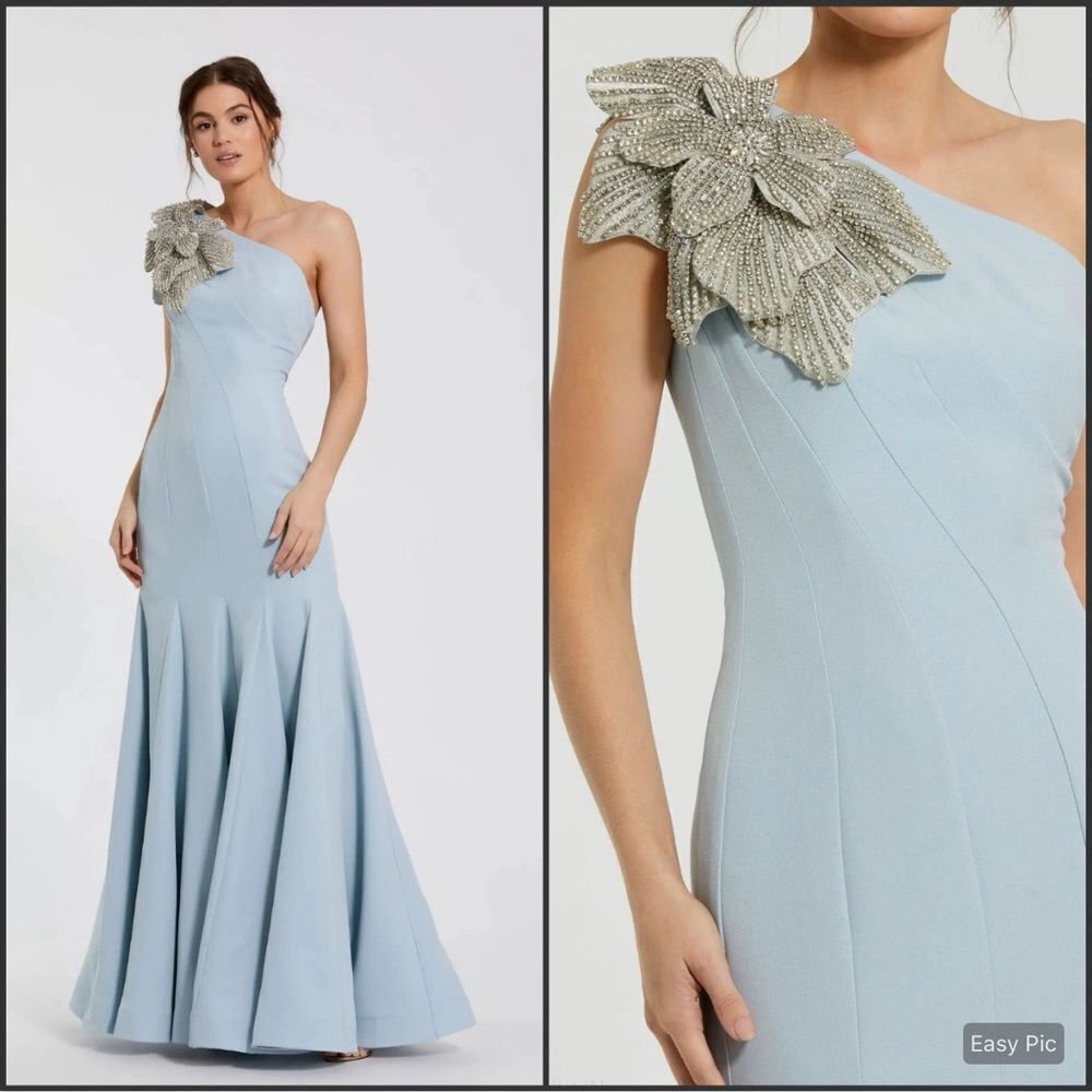 Mac Duggal 11810 Womens Blue Crepe One Shoulder Gown Dress With Flower Size 12